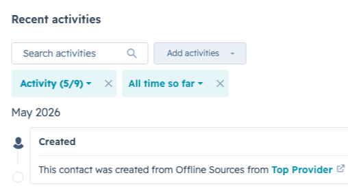 HubSpot contact record showing a contact created from a Top Provider lead.