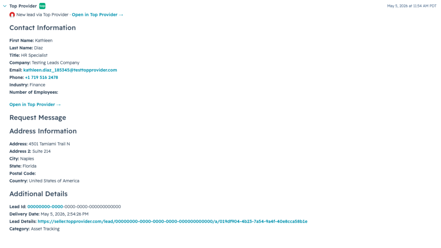 HubSpot contact activity timeline displaying an expanded Top Provider Lead event.